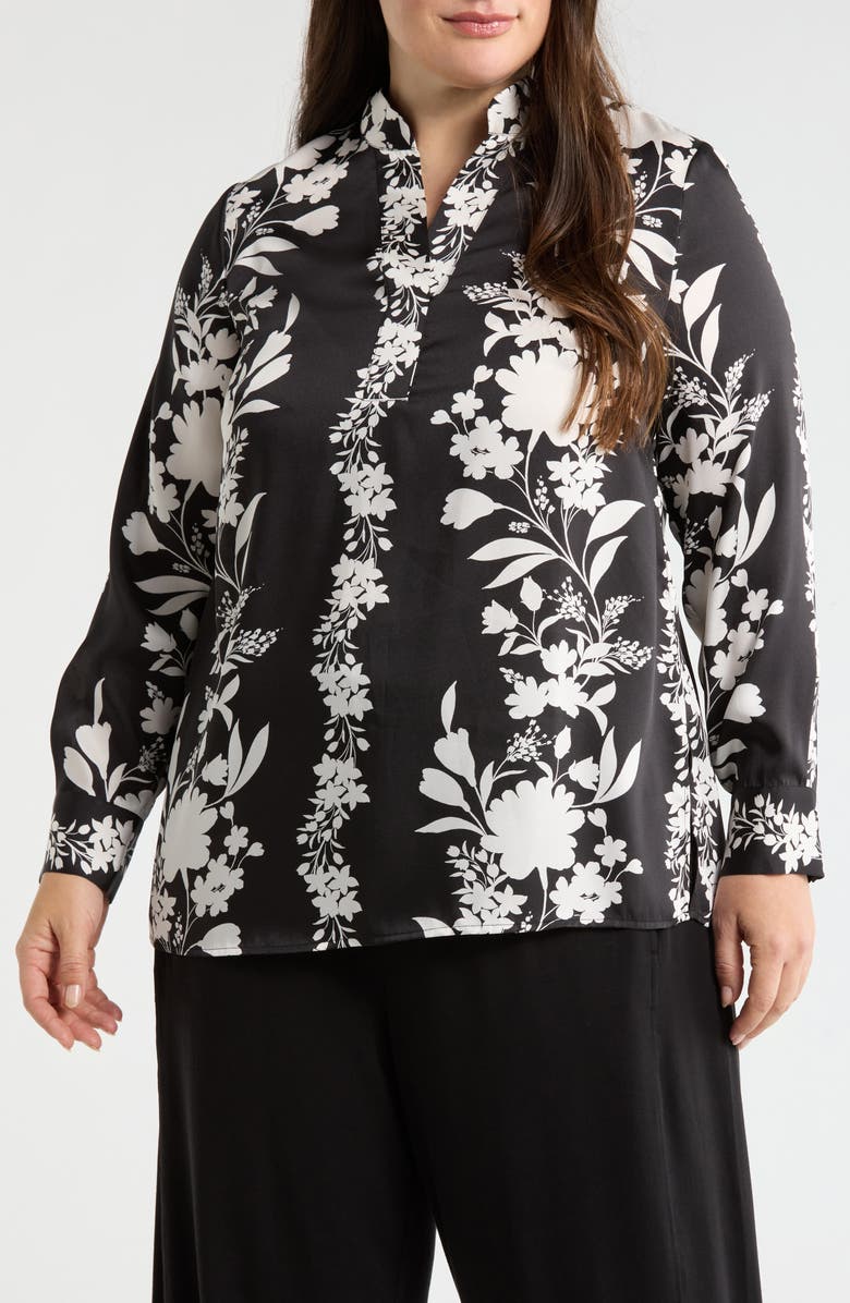Anne Klein Floral Print Popover Top, Main, color, Anne Black/ White Dove