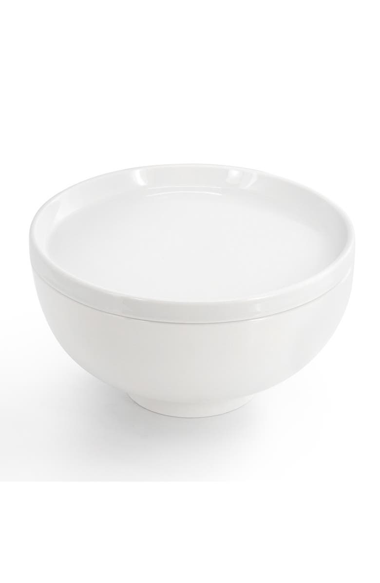 Gibson Home Great Essentials 2 Piece 7.8 Inch Ceramic Serving Bowl with Dual Purpose Lid, Alternate, color, White