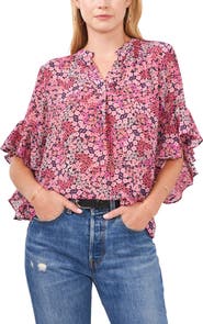 Vince Camuto Floral Flutter Sleeve High/Low Top