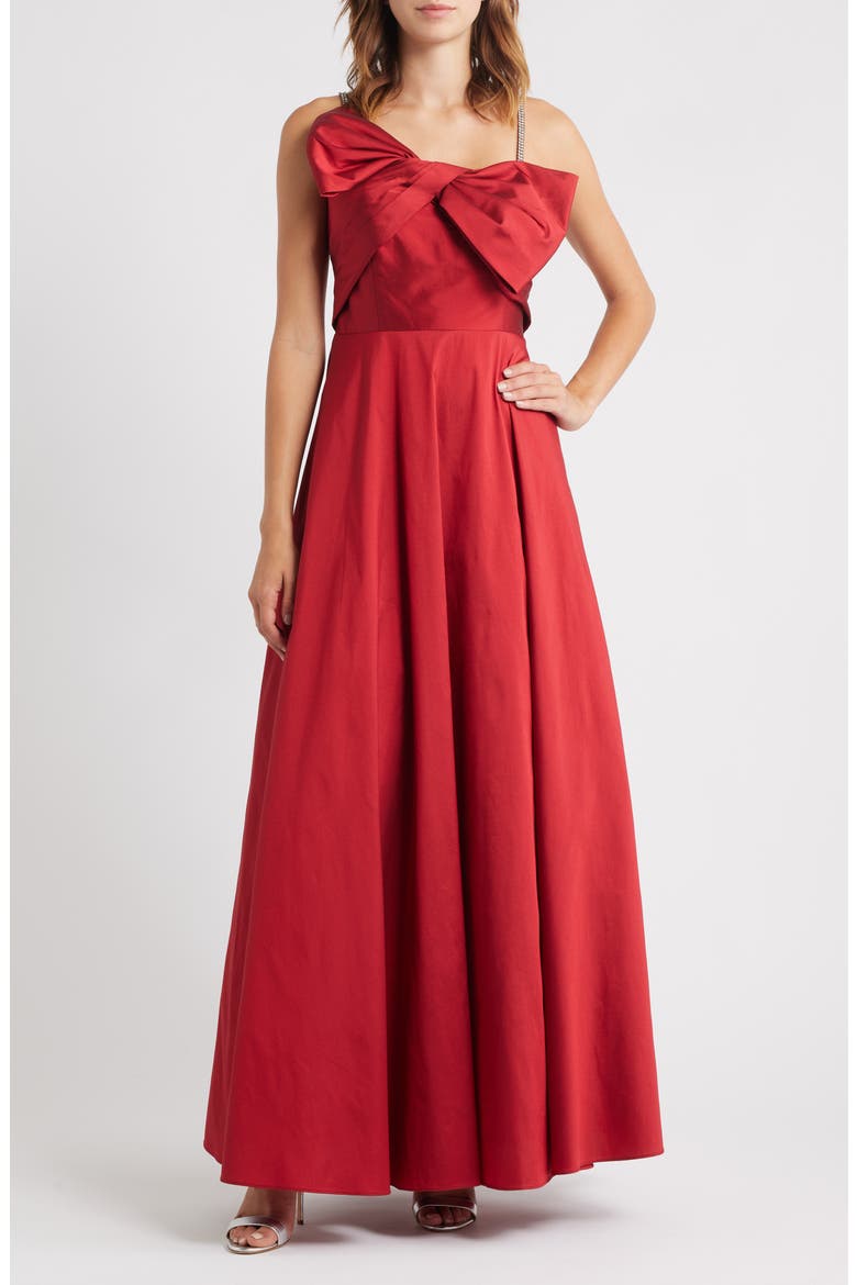 Rhinestone Strap Bow Bodice Gown, Main, color, RED