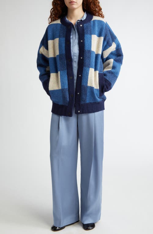 Stine Goya Gingham Check Knit Bomber Jacket In Blue Gingham Check