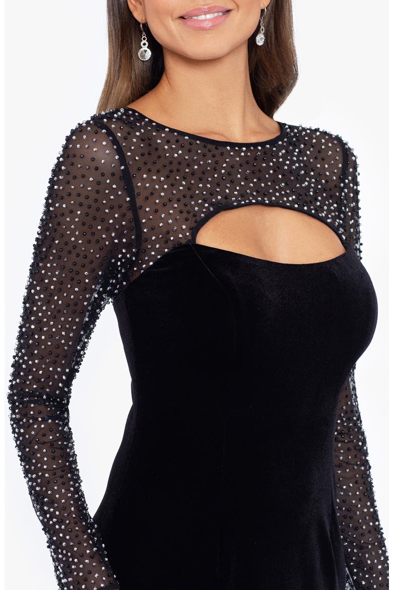 Bead Embellished Long Sleeve Velvet Mermaid Gown, Alternate, color, BLACK/ SILVER