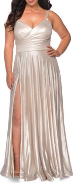 La Femme Metallic Grecian Long Plus Size Dress