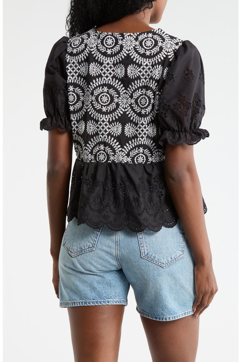 Eyelet Embroidered Short Sleeve Button-Up Shirt, Alternate, color, BLACK/ WHITE