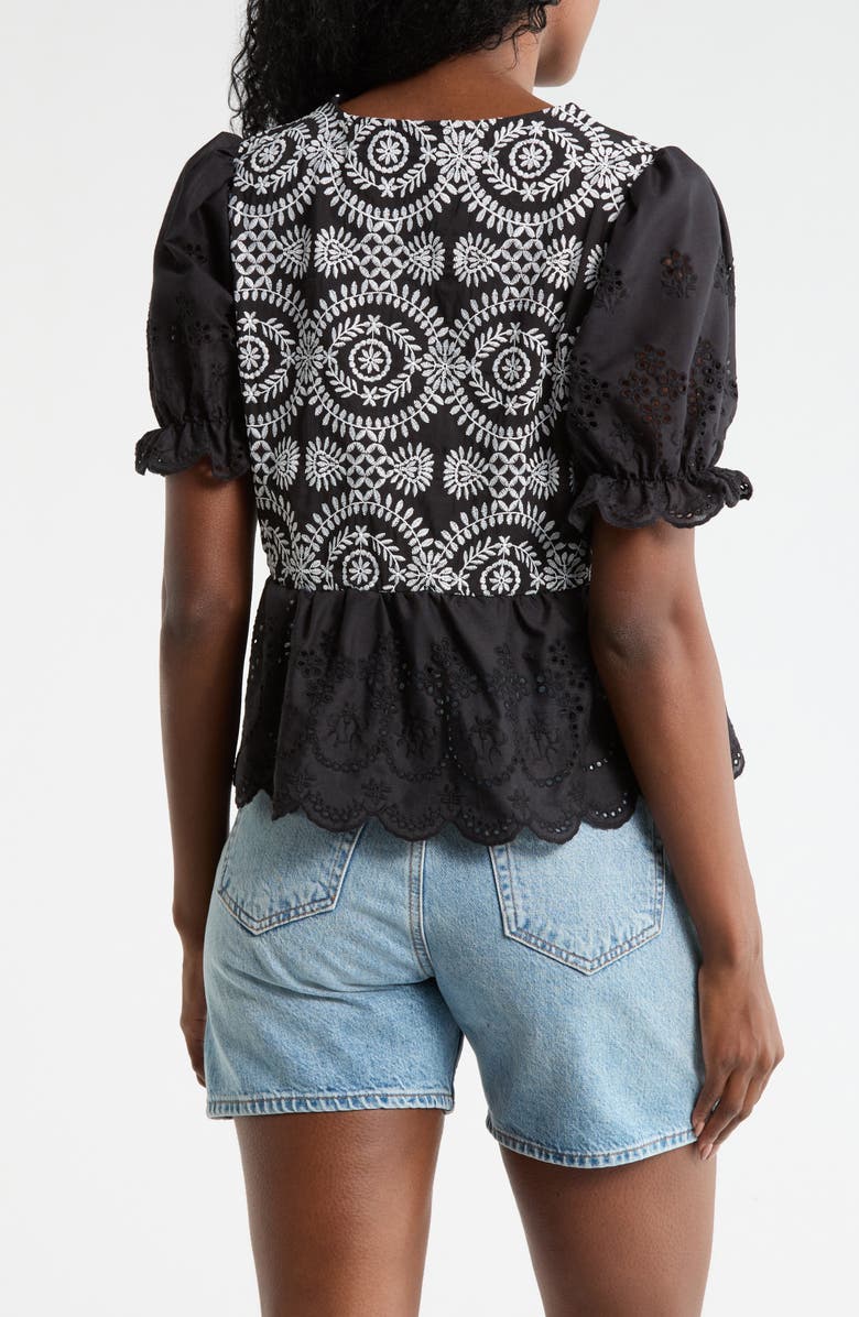 Forgotten Grace Eyelet Embroidered Short Sleeve Button-Up Shirt, Alternate, color, Black/ White