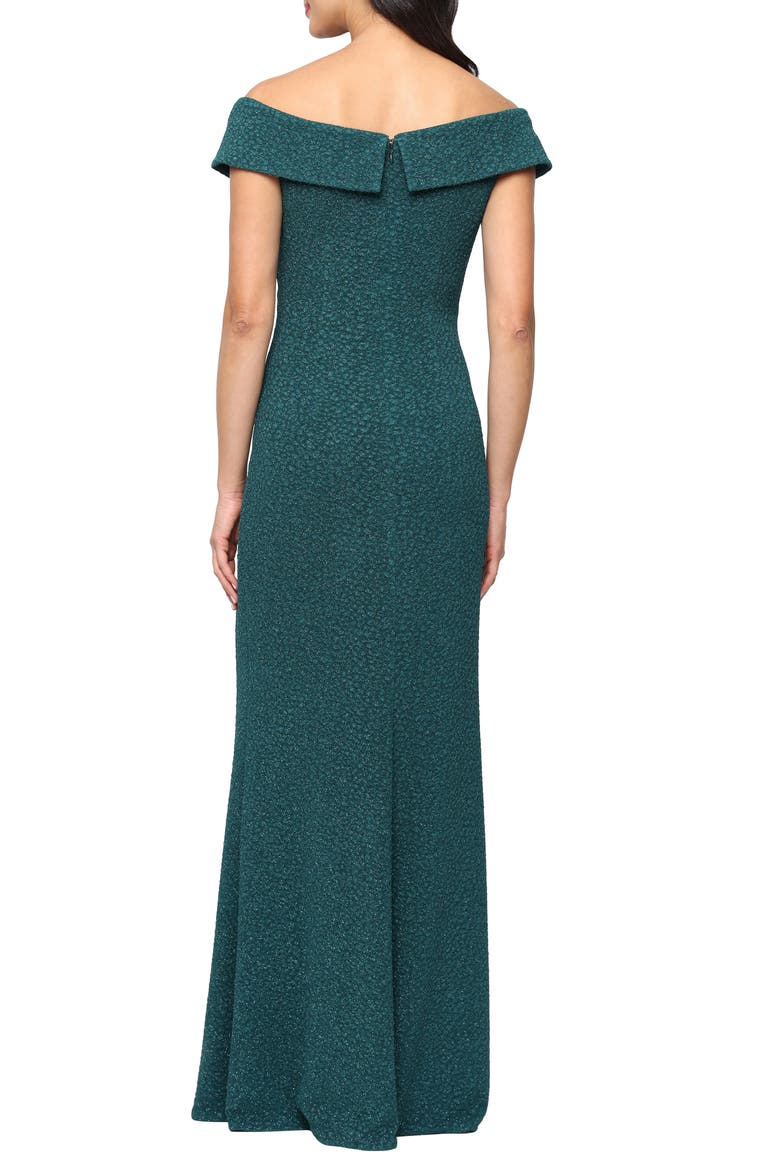 Off the Shoulder Stretch Metallic Jacquard Gown, Alternate, color, PINE