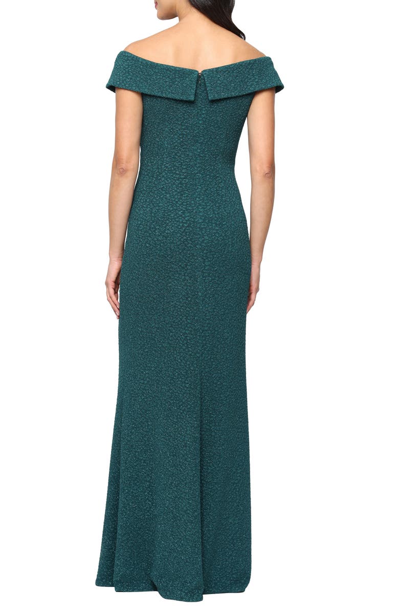 Alex Evenings Off the Shoulder Stretch Metallic Jacquard Gown, Alternate, color, Pine