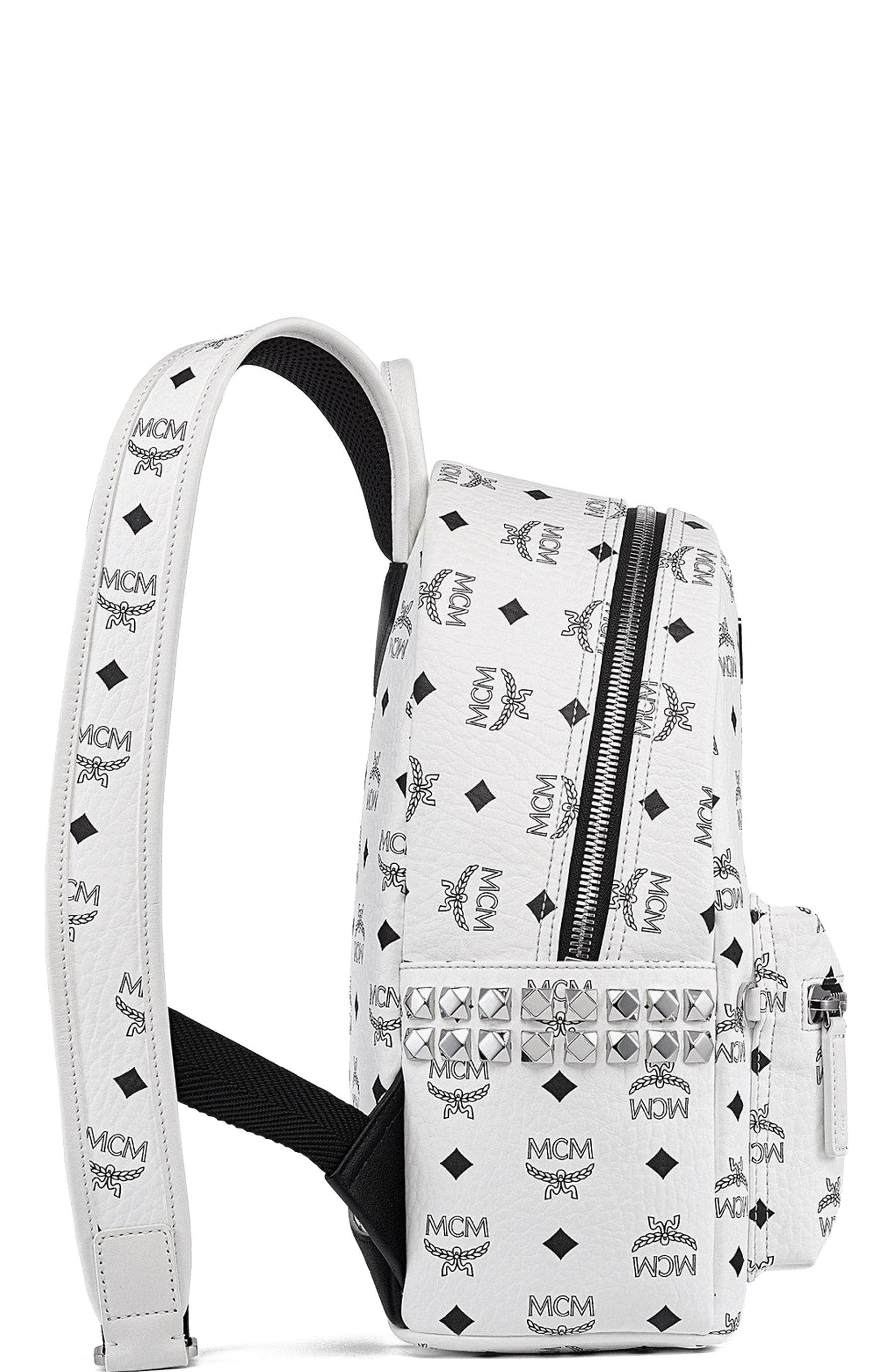 MCM Stark Side Studs Backpack in Visetos, Alternate, color, White
