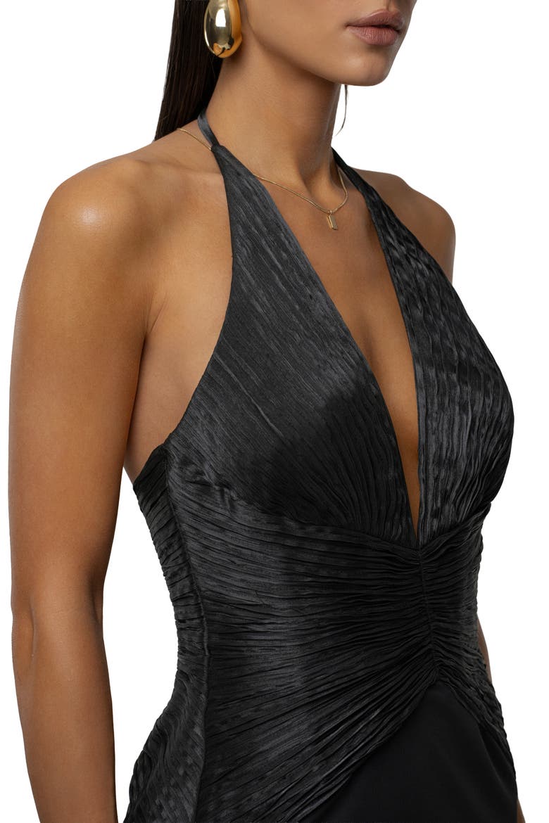Enchanted Plunge Neck Mixed Media Gown, Alternate, color, BLACK