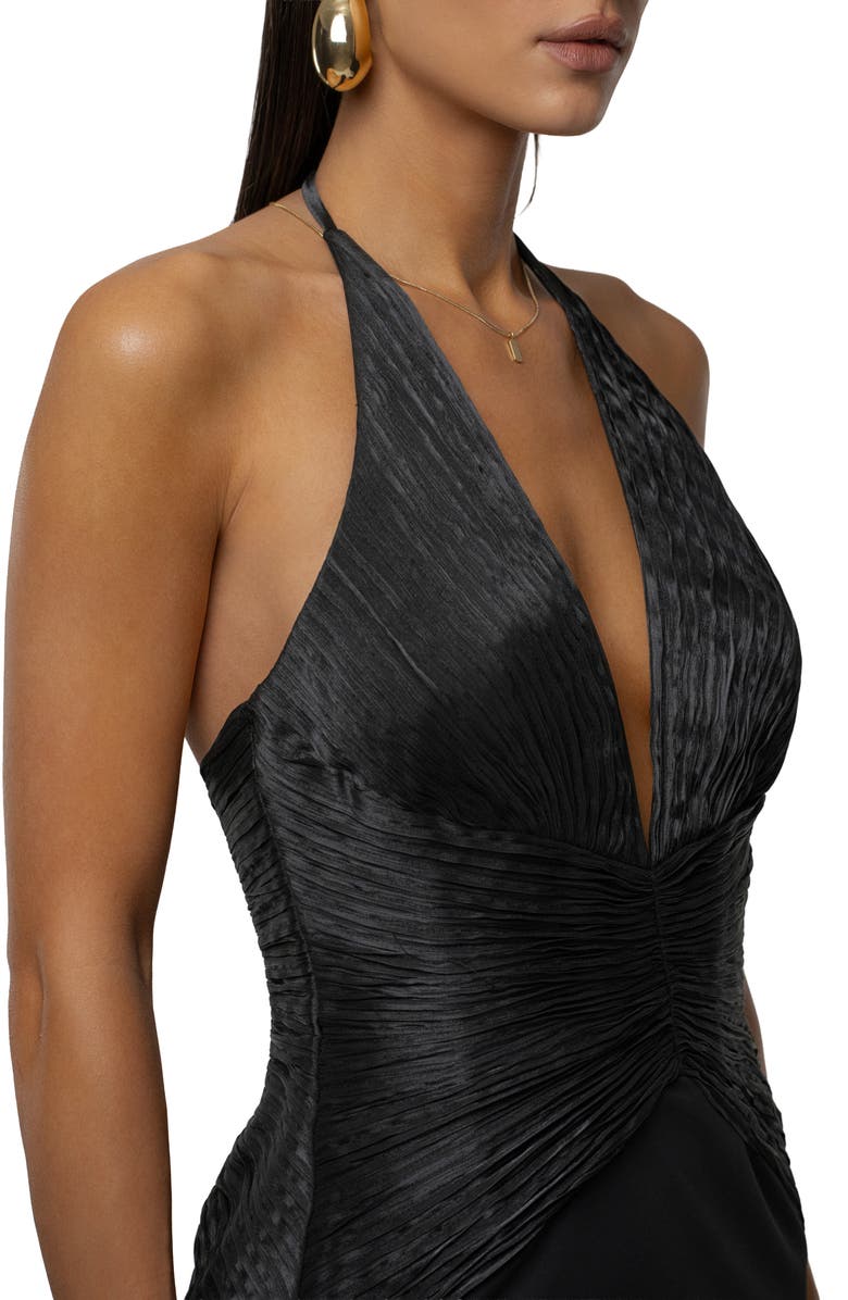 JLUXLABEL Enchanted Plunge Neck Mixed Media Gown, Alternate, color, Black