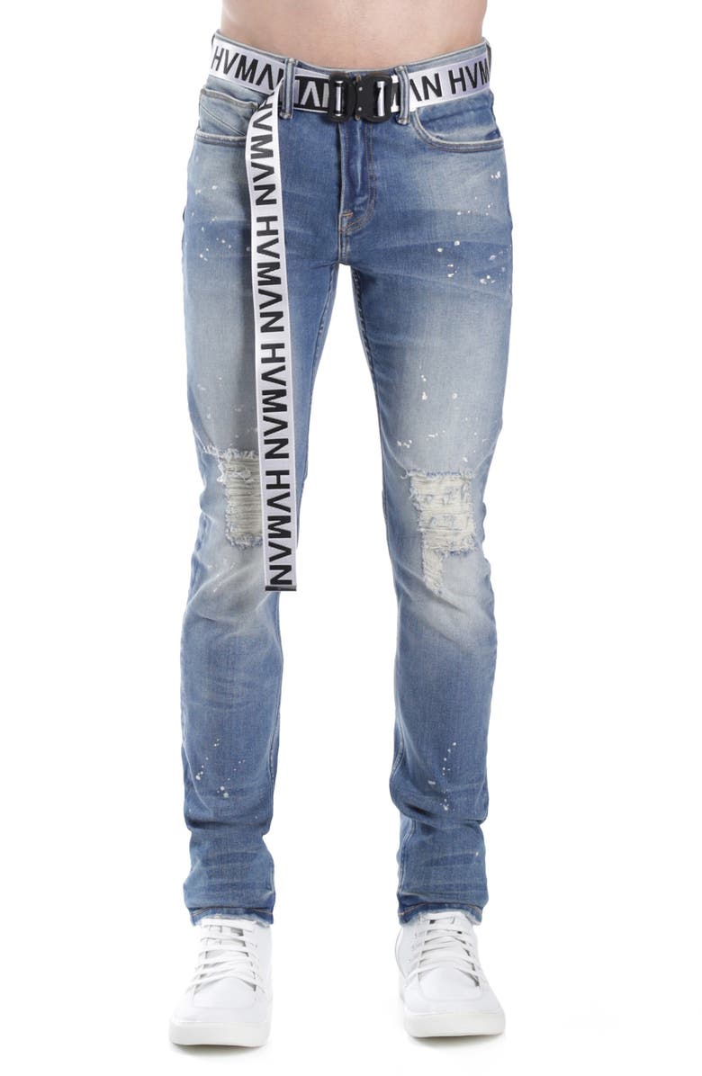 HVMAN Distressed Skinny Jeans, Main, color, Lichen