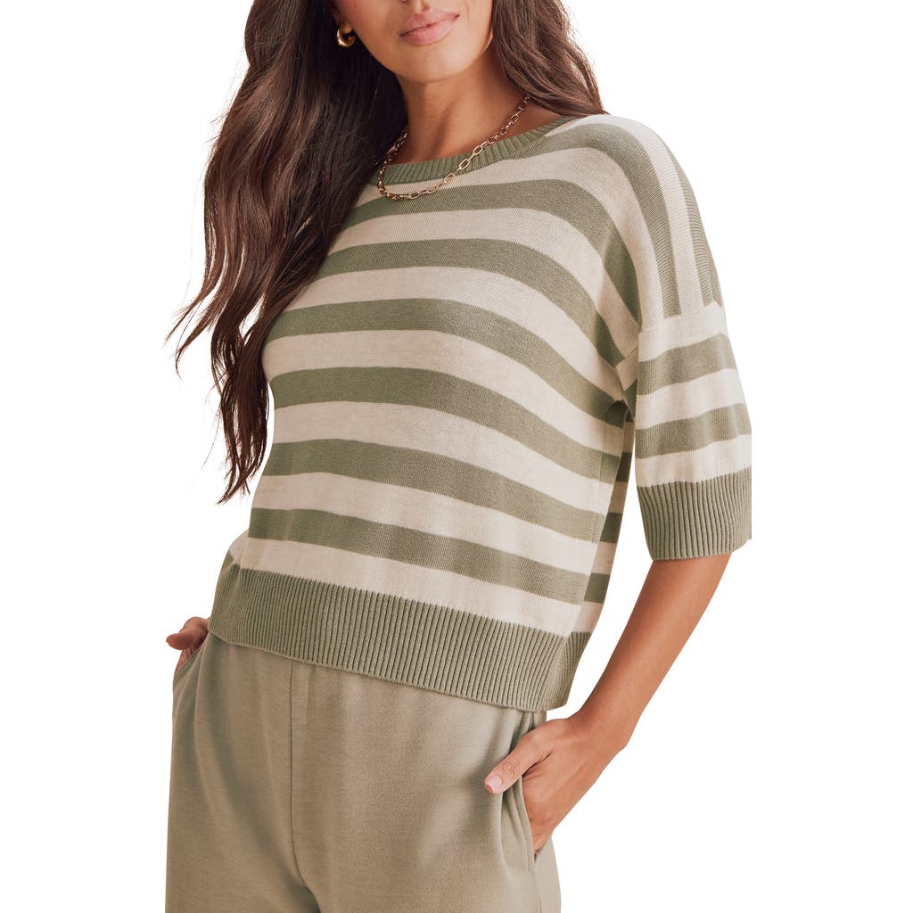 Splendid Georgie Stripe Short Sleeve Sweater In Eucalyptus Green/pale Oak