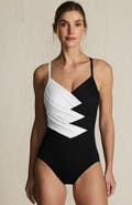 Lands' End Slender Suit V-neck Pleated X-back One Piece Swimsuit Adjustable Straps