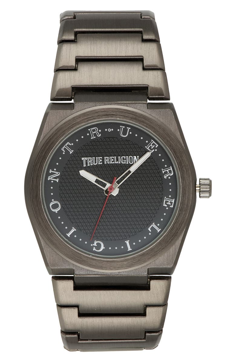 True Religion Logo Dial Bracelet Watch, 43mm, Main, color, Black