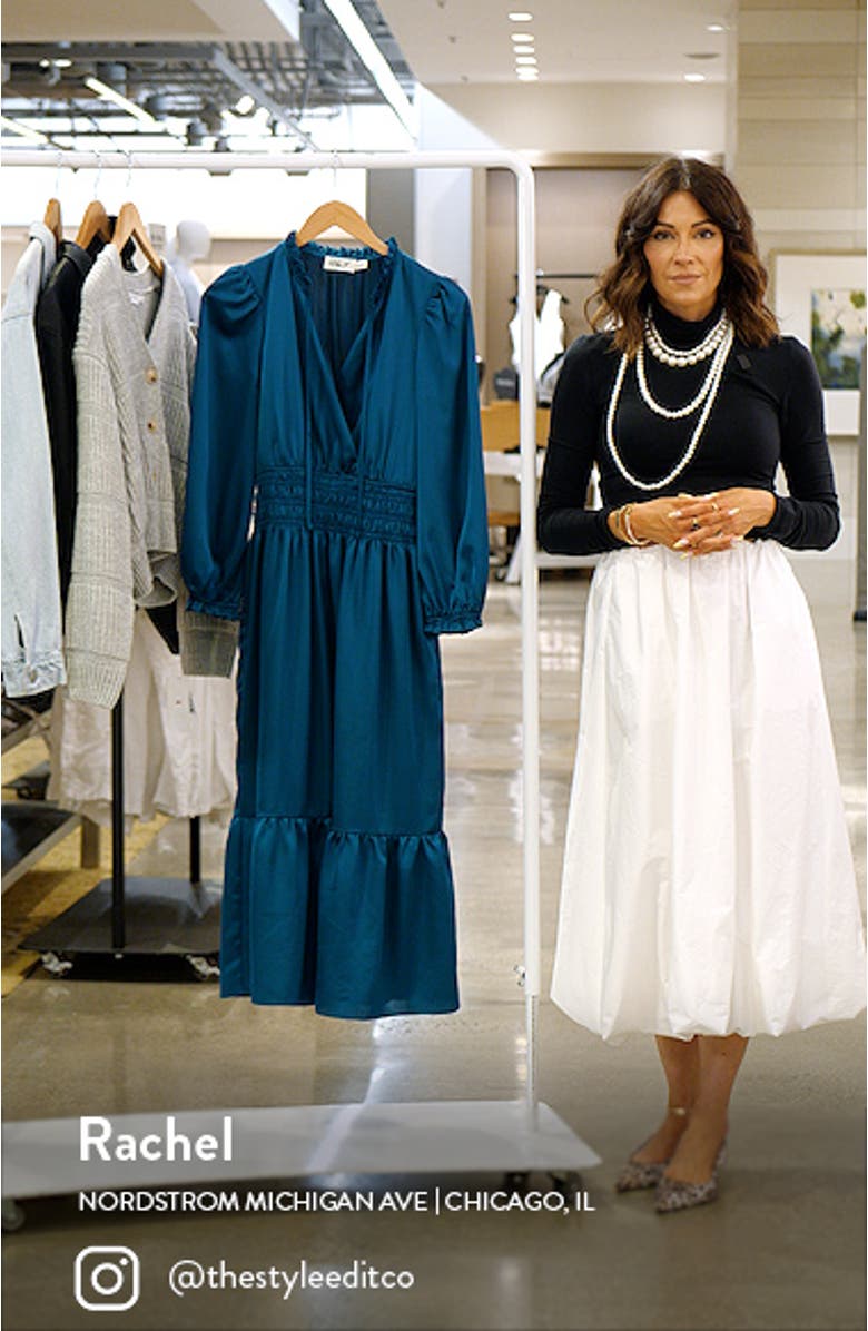 Ruffle Trim Long Sleeve Satin Dress, sales video thumbnail