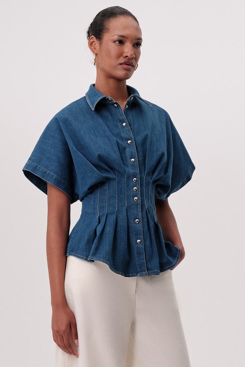 Marisa Collared Short Sleeve Denim Shirt, Alternate, color, Blue