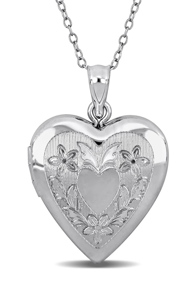 Floral Engraved Heart Locket Pendant Necklace, Main, color, SILVER