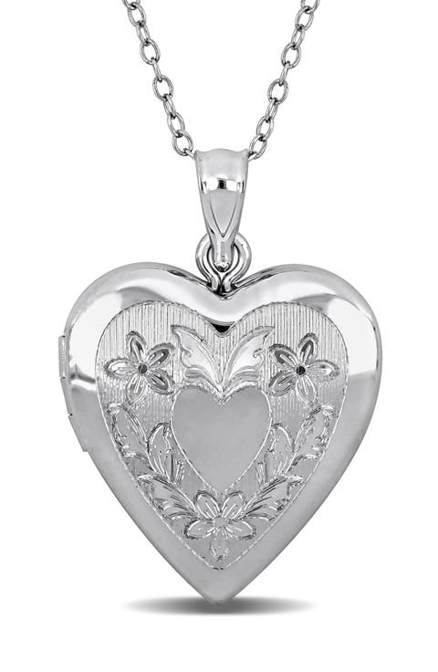 Floral Engraved Heart Locket Pendant Necklace