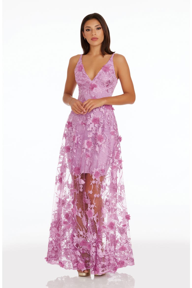 Sidney Deep V-Neck 3D Lace Gown, Alternate, color, LAVENDER