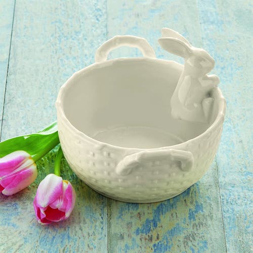 Tag White Bunny Rabbit Easter Basket Bowl Decorative Ceramic In White