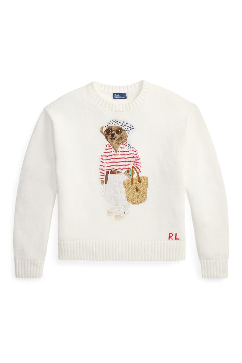 Polo Bear Crewneck Cotton Sweater, Alternate, color, WHITE MULTI