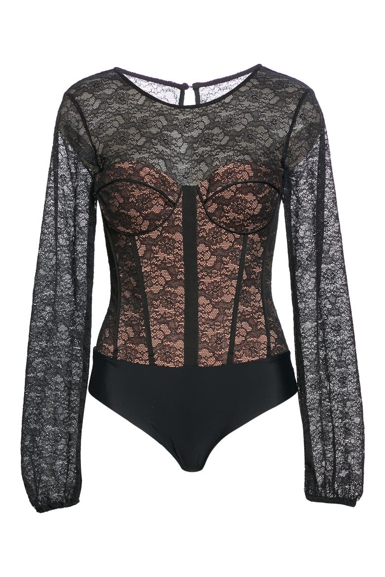 Briar Balloon Sleeve Lace Bodysuit, Alternate, color, BLACK