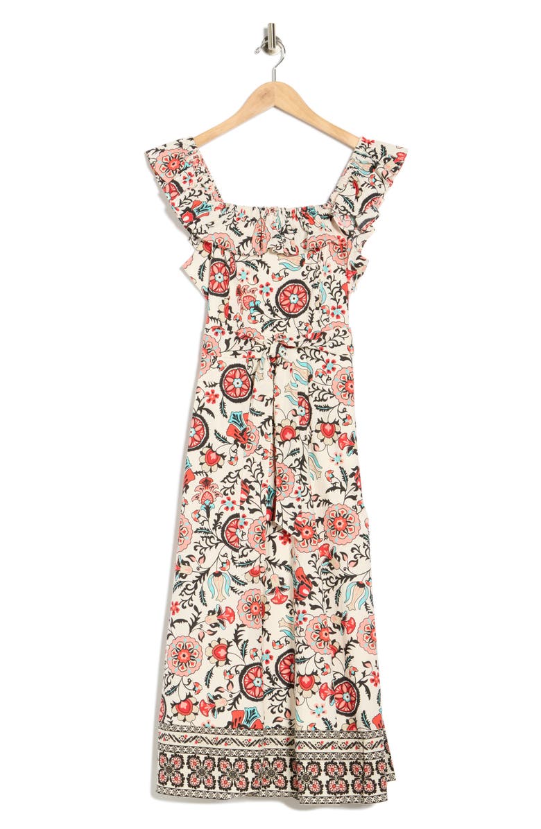T Tahari Ruffle Cap Sleeve Fit & Flare Midi Dress, Main, color, Garden Party Print