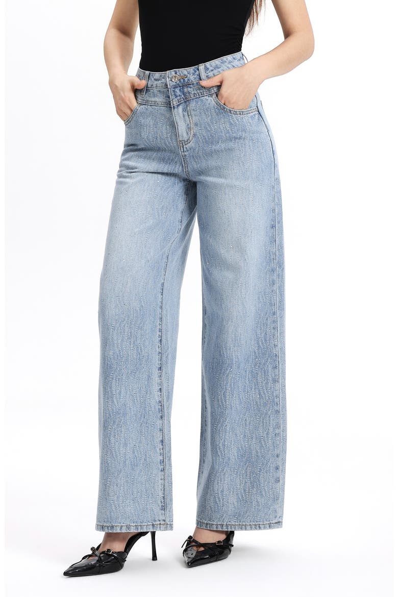 Embellished Textured High Waist Wide Leg Jeans, Alternate, color, CERULEAN