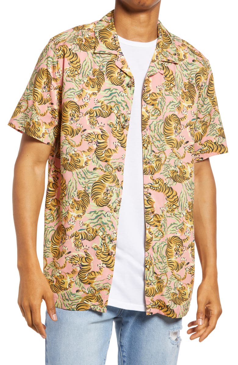 Topman Men's Tiger Print Short Sleeve Button-Up Shirt, Main, color, 