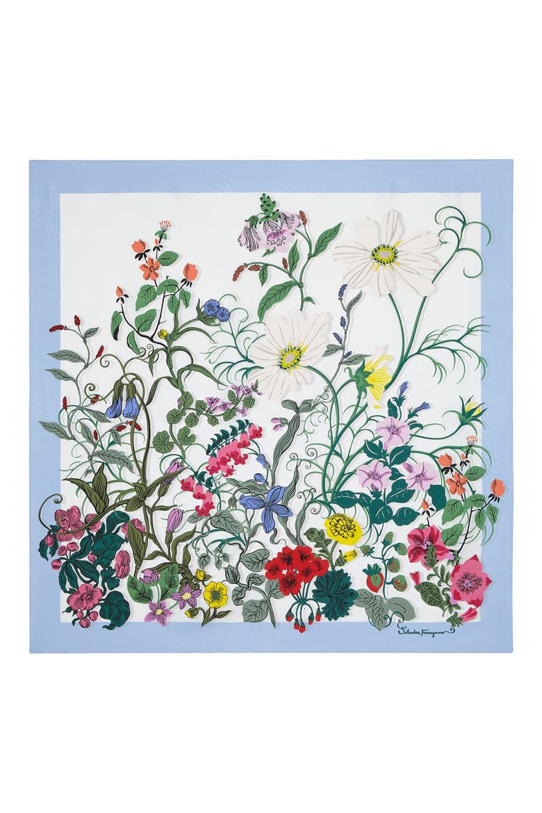 Floral Print Silk Square Scarf, Main, color, AVORIO/ LAVANDA