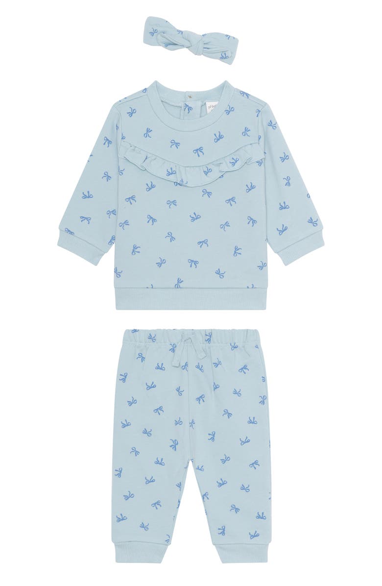 PL Baby by Petit Lem Fleece Sweatshirt, Joggers & Headband Set, Main, color, Light Blue Bows
