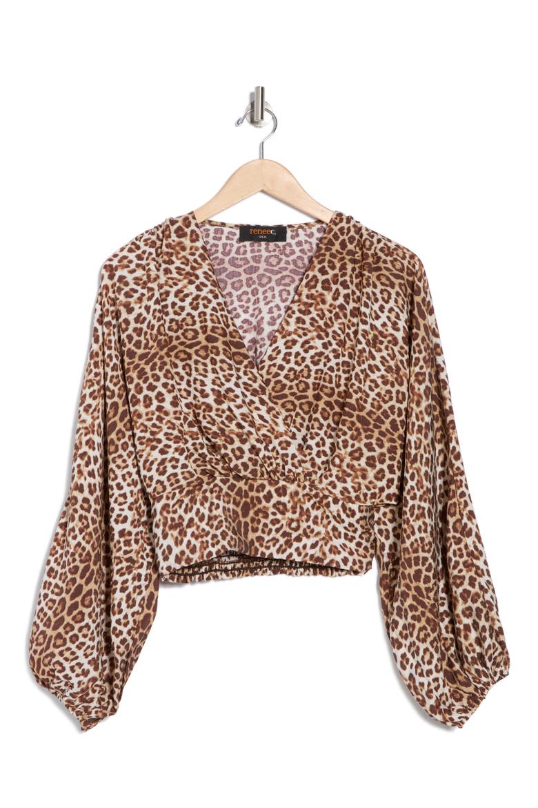 Leopard Smock Surplice Long Sleeve Top, Alternate, color, MOCHA