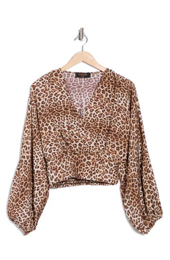 Renee C Leopard Smock Surplice Long Sleeve Top In Mocha