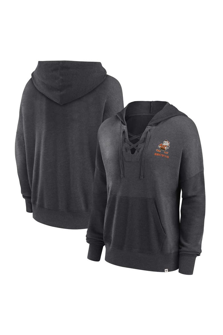 Women's Fanatics Branded Heather Charcoal Cleveland Browns Heritage Snow Wash French Terry Lace-Up Pullover Hoodie, Alternate, color, Heather Charcoal