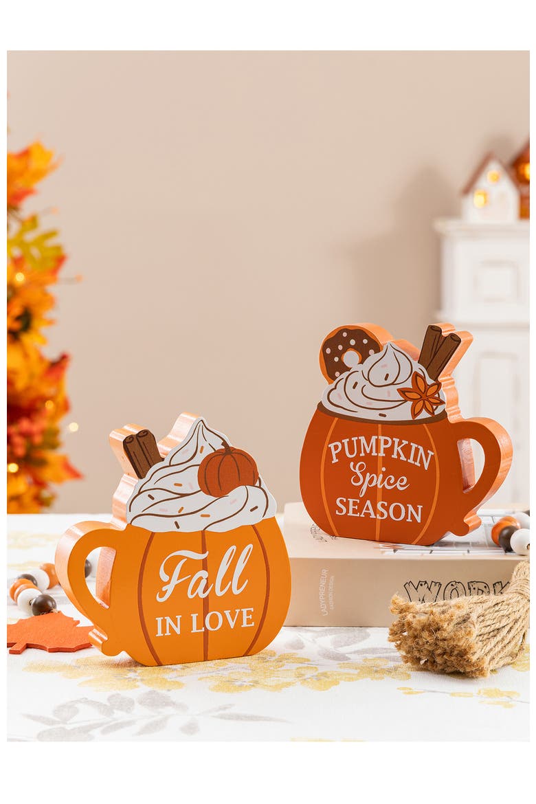Set of 2 Patriotic Americana or Fall Wooden Coffee Cup Table Decor, Alternate, color, Orange
