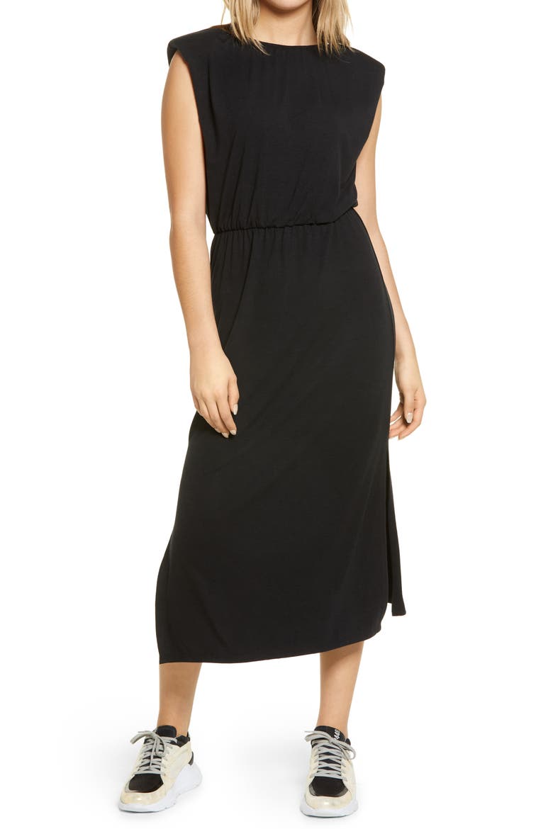 Padded Shoulder Midi Dress, Main, color, BLACK