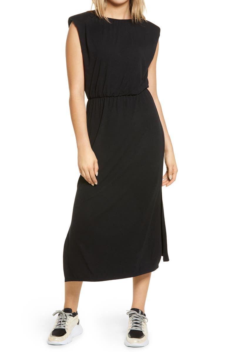 WAYF Padded Shoulder Midi Dress, Main, color,