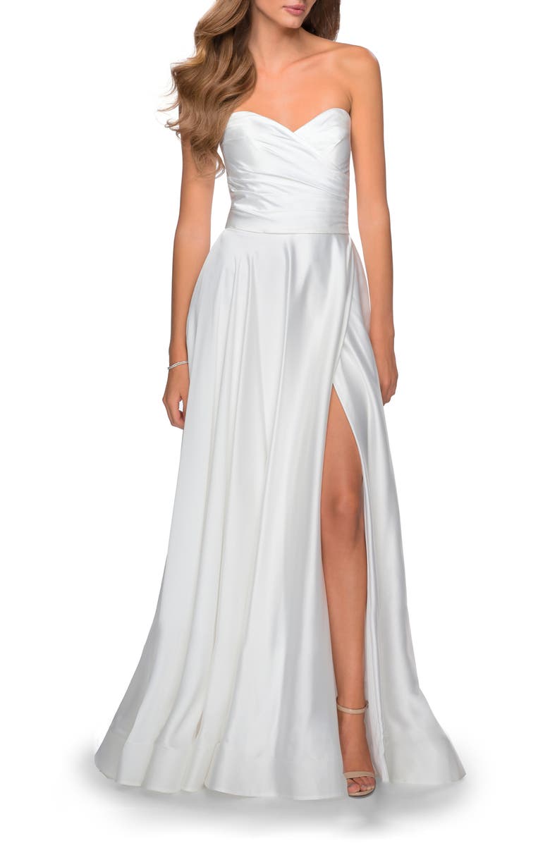 La Femme Strapless Slit Satin Ballgown, Main, color, 