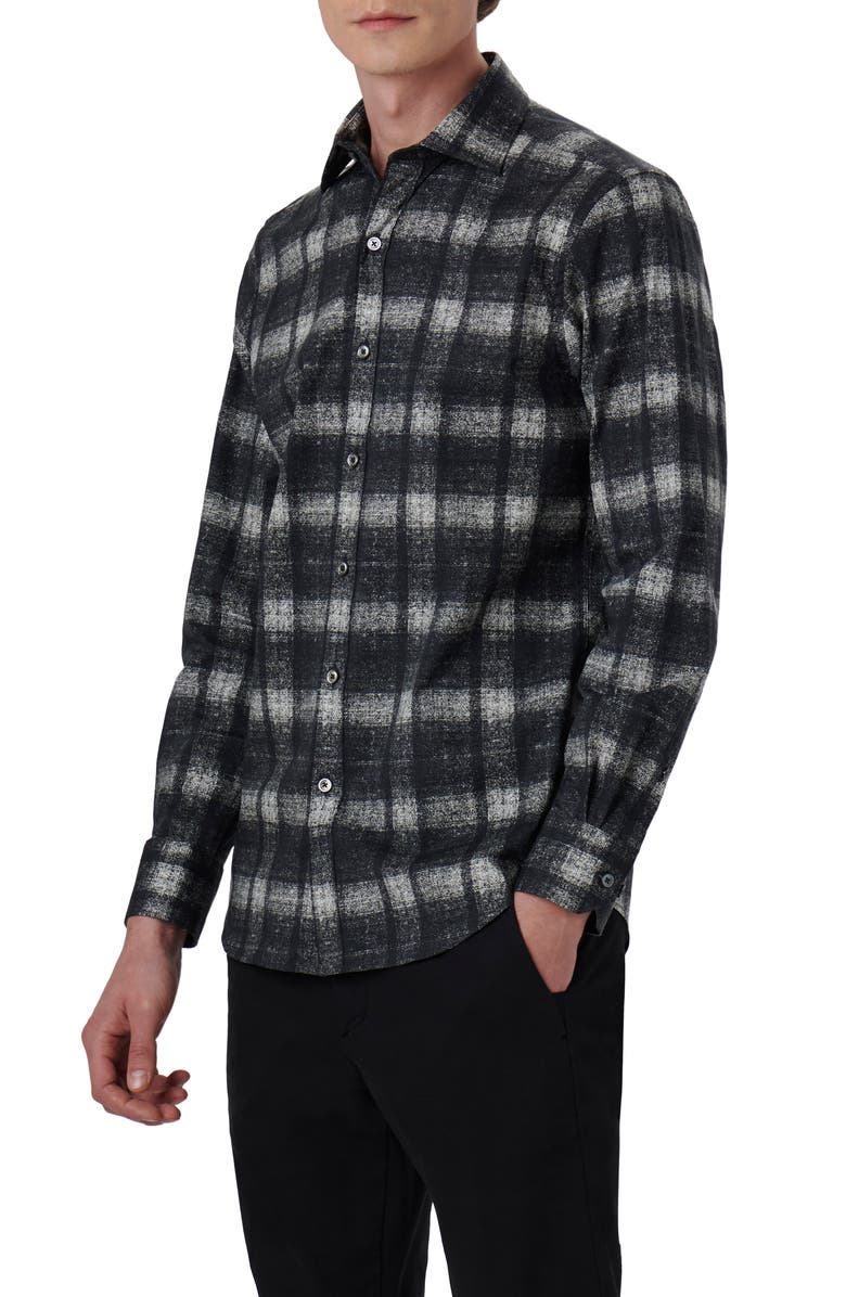 Bugatchi Axel Shaped Fit Plaid Stretch Cotton Button-Up Shirt, Alternate, color, Black