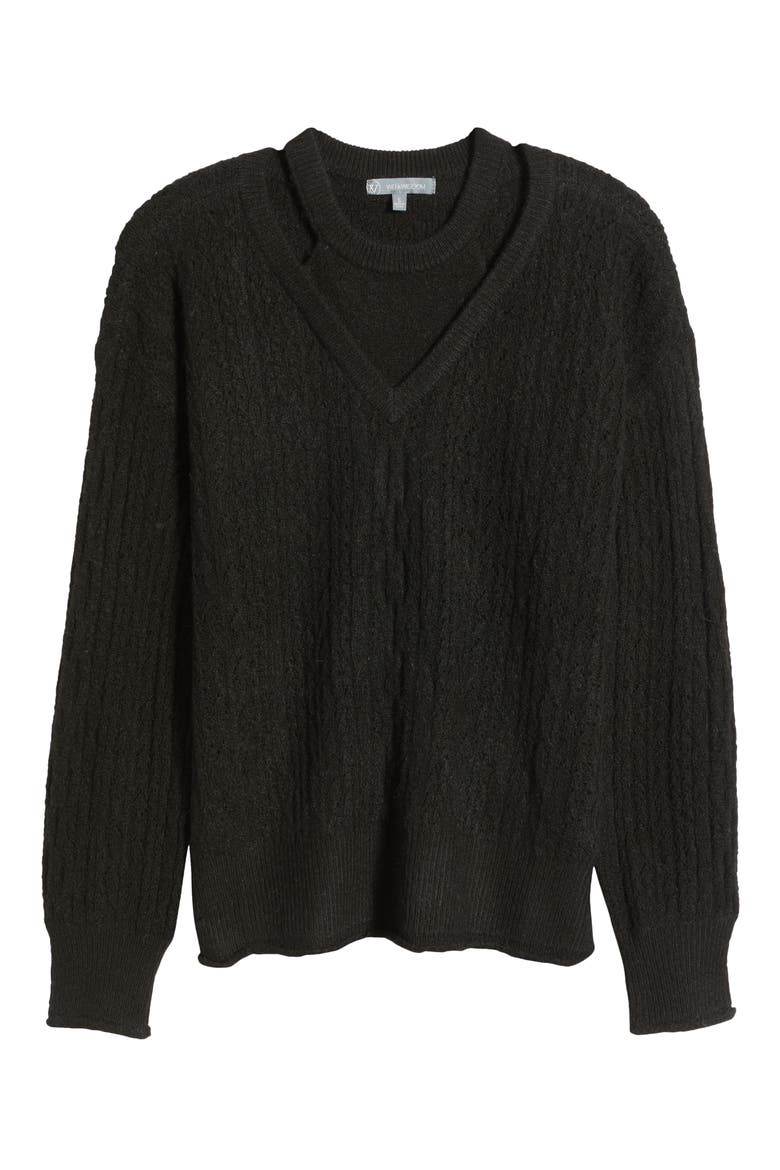 V-Neck Sweater with Bib, Alternate, color, BLACK
