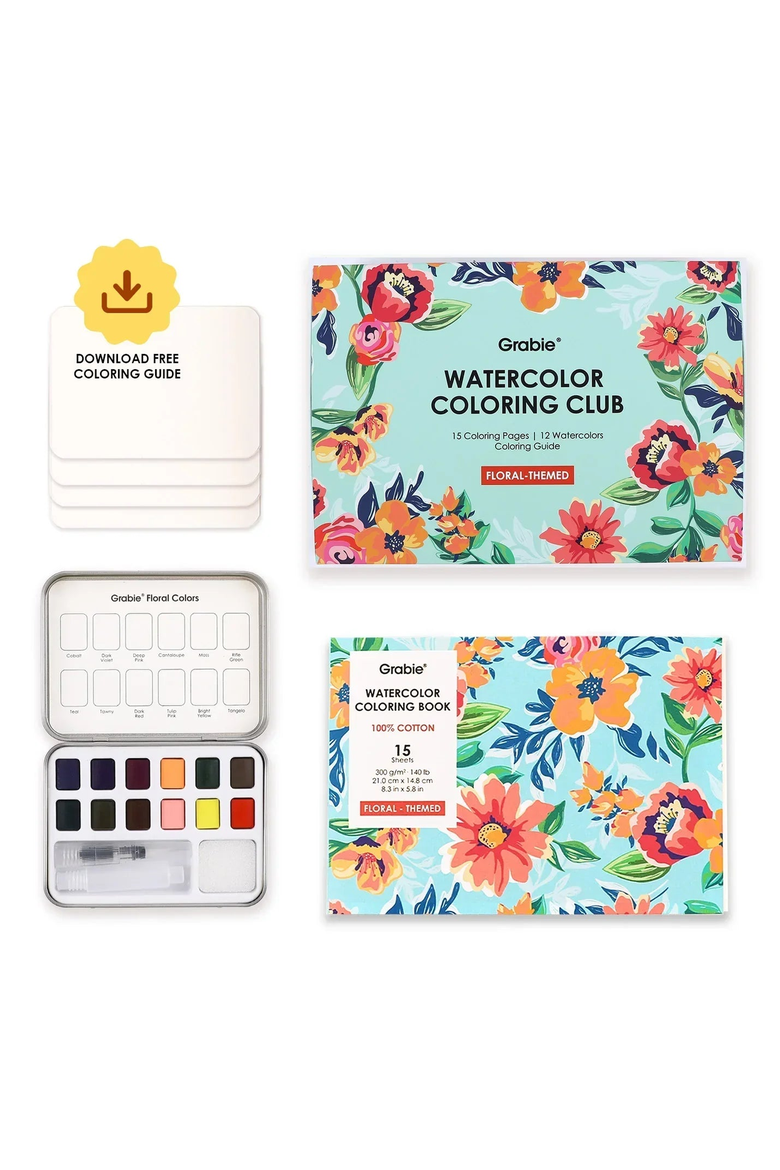 Floral Themed Watercolor Coloring Club Box, Main, color, Aqua Floral