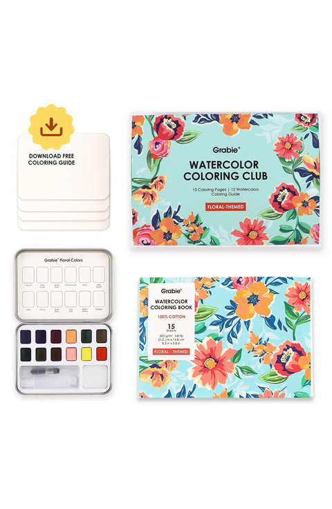 Floral Themed Watercolor Coloring Club Box