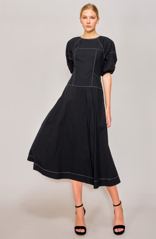 Melloday Stitch Detail Puff Sleeve A-line Midi Dress In Black