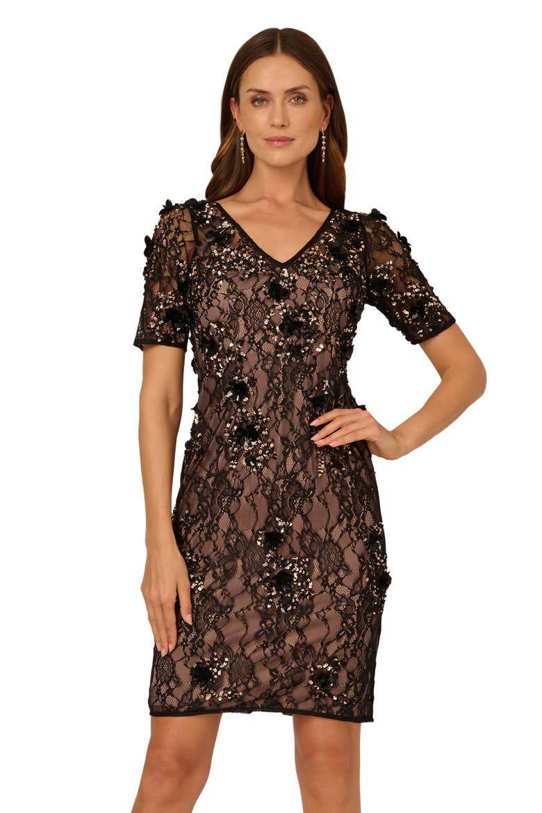Beaded Lace Sheath Cocktail Dress, Alternate, color, BLACK/ ROSEGOLD