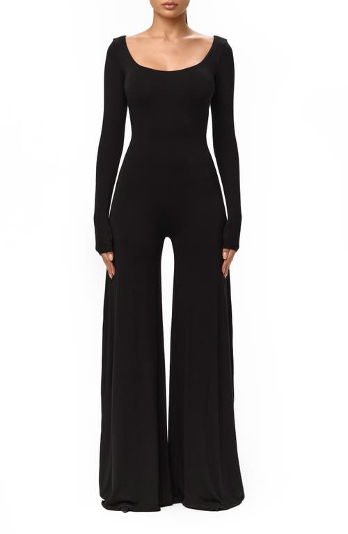 Naked Wardrobe Smooth Scoop Neck Long Sleeve Jumpsuit in Black at Nordstrom, Size Large