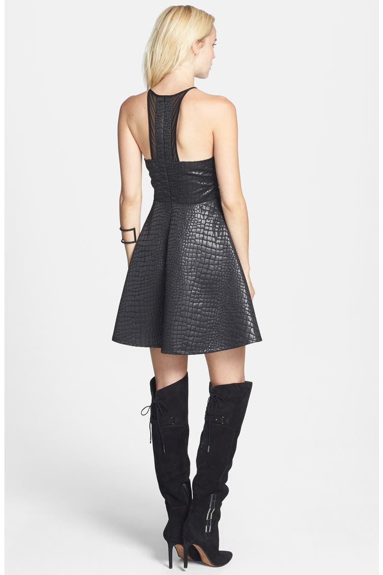 ASTR Mesh Inset Croc Embossed Fit & Flare Dress (Nordstrom Exclusive), Alternate, color, BLACK
