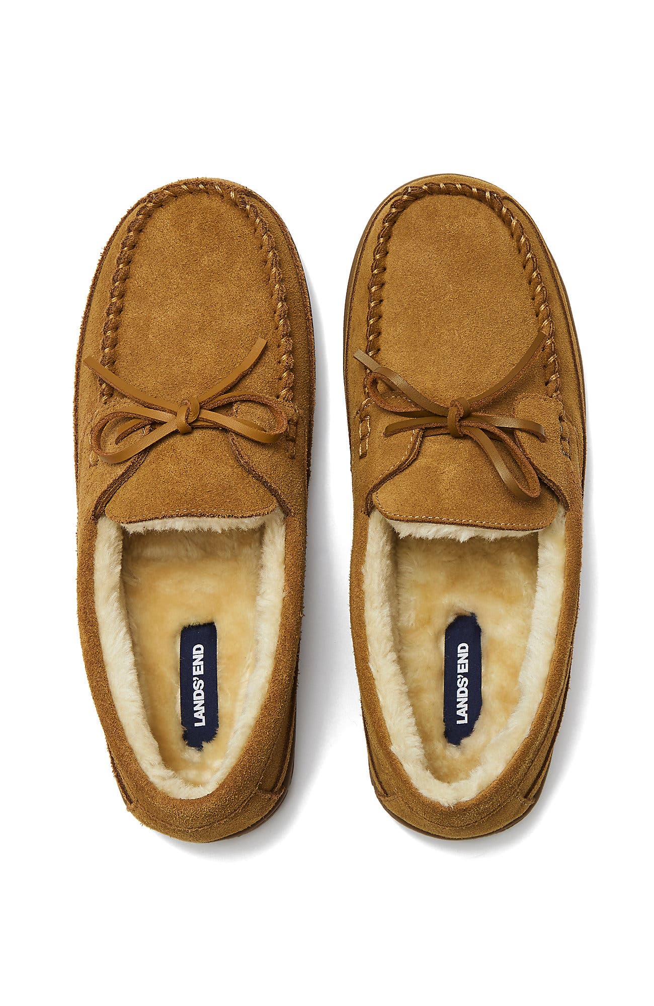 Lands' End Fuzzy Lined Lace Up Moccasin Slippers, Alternate, color, English Tan