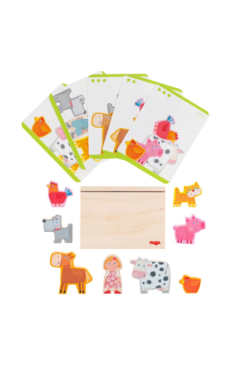 HABA Wooden Stacking Toy for Toddlers, On the Farm Educational STEM Blocks for 2+ Year Old, Montessori Learning Toys with 5 Template Cards, Alternate, color, Multi