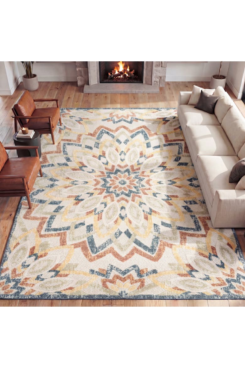 Flora Abstract Bold Mandala High-Low Indoor/Outdoor Rug, Main, color, Cream/Multi