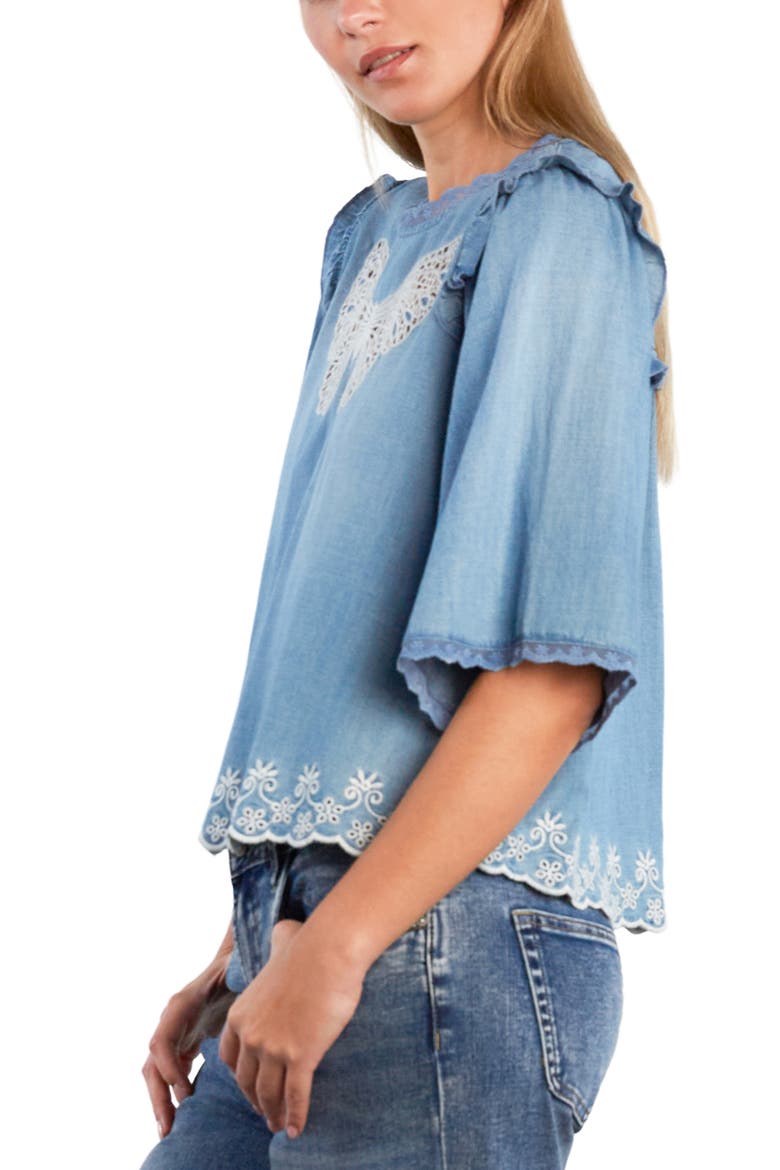 Lady Butterfly Lace Trim Chambray Top, Alternate, color, DENIM